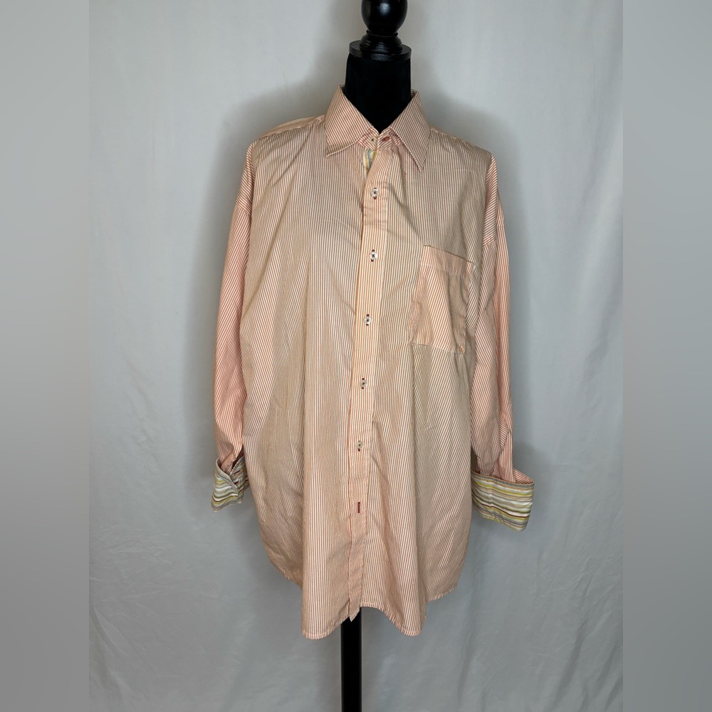 Koman Sport Men's XL Striped Button Down Shirt Peach & Blue Contrast Cuffs